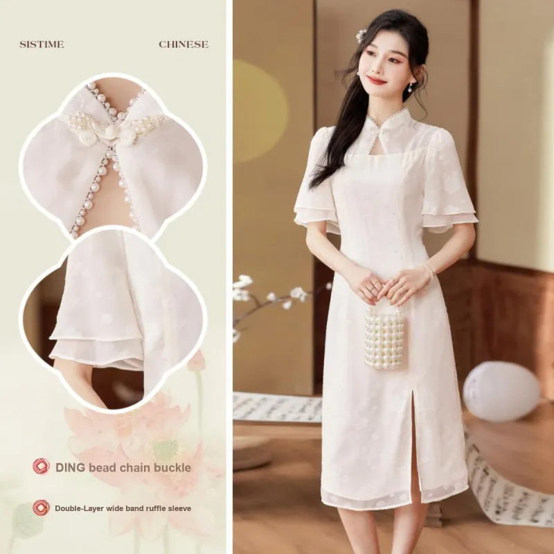 Like The Age Of Water Summer Short Sleeved Dress Loose Fit Women's Beige-3