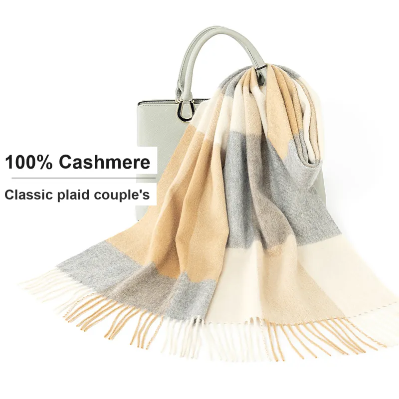 Shanghai Story 100% Cashmere Knit Scarves Unisex Beige And Orange Check Gift Box Set-40