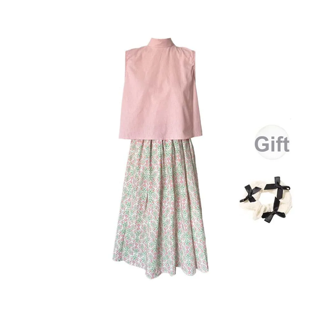 TURN UP Skirt Set Women's Clothing Sets Pink Green Two Piece Set+Bowknot Hair Tie Comes With