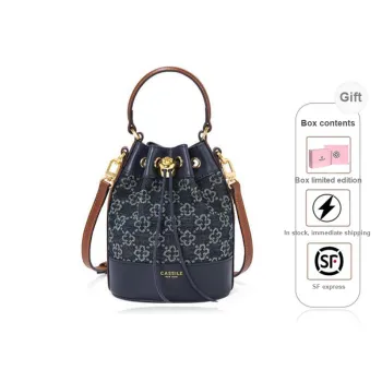 CASSILE Denim One Shoulder Crossbody Small Bag Portable Denim Canvas Bag Small Size Women's Royal Blue With Cognac