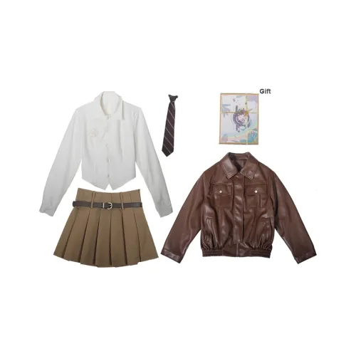 Набор Свободный покрой Кожа Куртка + Длинная рубашка с рукавами + Коричневая юбка Женская униформа