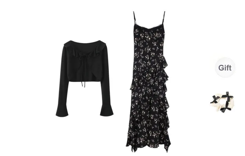 CPAURA Two Piece Skirt Sets Women's Clothing Sets Camisole+Cardigan+Bowknot Hair Tie Comes With-1
