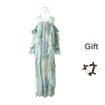 XUOIZA Slip Dresses Women's Green Oil Paintings+Bowknot Hair Tie Comes With