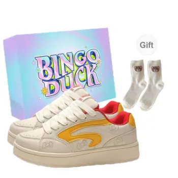 BINGO DUCK Slip Resistant Low Top Skateboard Shoes Women's White Yellow