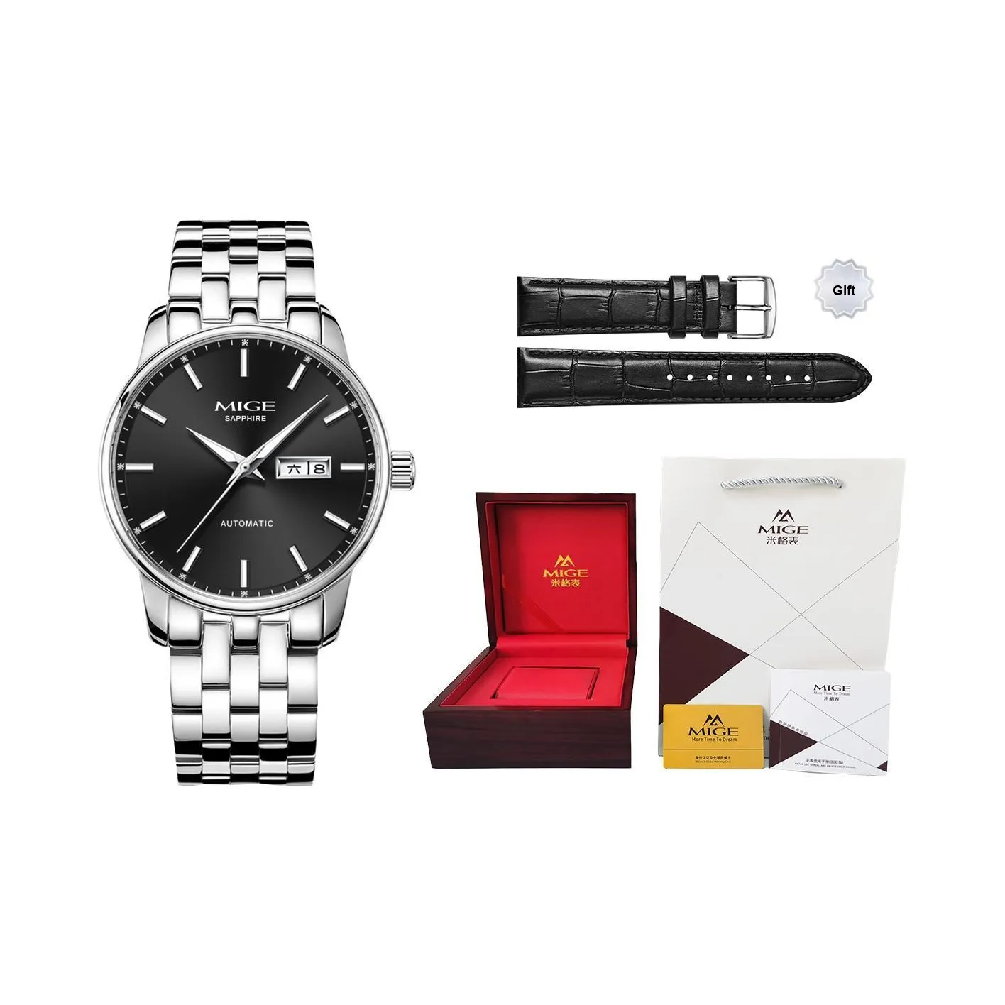 MIGE Механический механизм ремешок из нержавеющей стали мужские часы черный циферблат