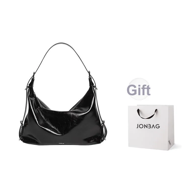 JONBAG Cow Leather Crescent Bag Shoulder Bag Crossbody Bag Women's Black Oil Wax \Brushed Brown\ Velour Cocoa Brown