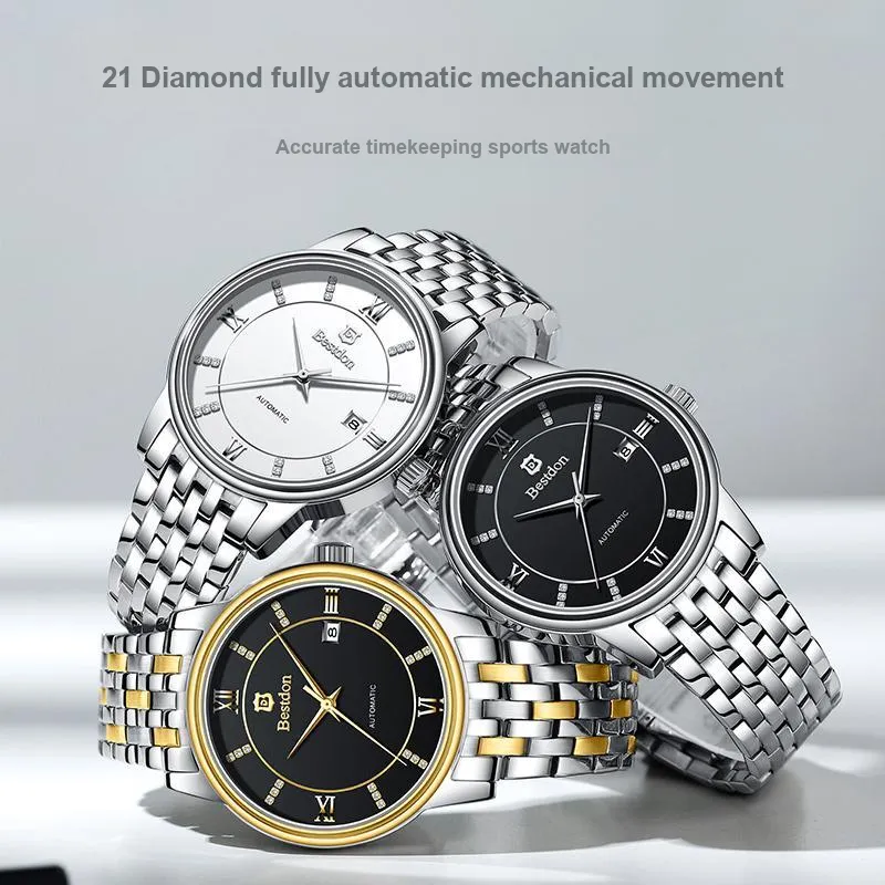 Bestdon Automatic Mechanical Movement Stainless Steel Watchband Men's Watches Black Dial-4
