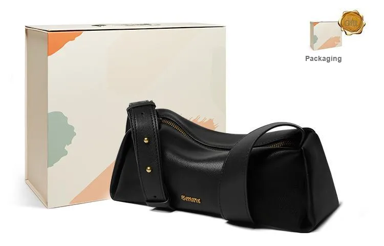 15 MINS Split Leather Cowhide Shoulder Bag Baguette Bag Shoulder Bag Women's Black/Cocoa Brown-4