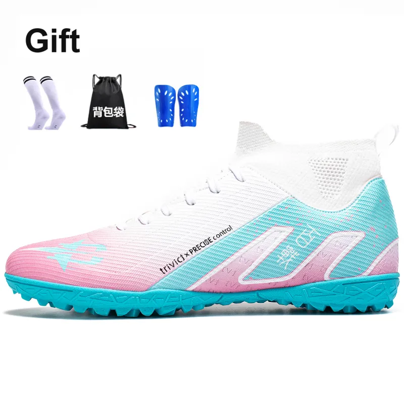 TriVict Win A Hundred Battles And Win A Hundred Victories. Soccer Shoes Unisex Mid Top White/Pink/Aqua/Blue-37