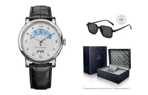 PONIGER Trident Watch Fashion Business Automatic Mechanical Movement Genuine Leather Strap Men's Watches White Dial