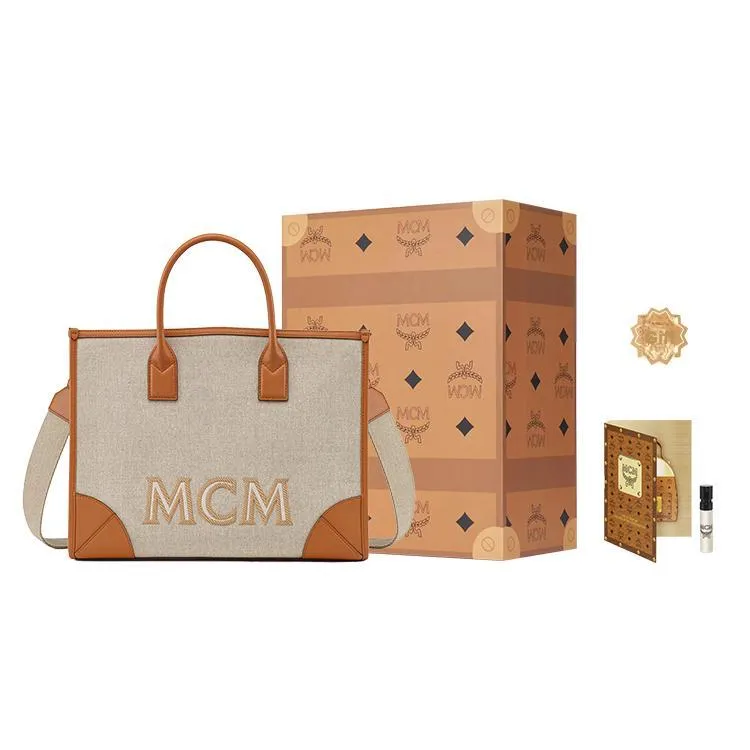MCM München Fabric Canvas With Calfskin Trim Combo Bag, One Shoulder Handbag Large Size Women's Brown Cognac-3