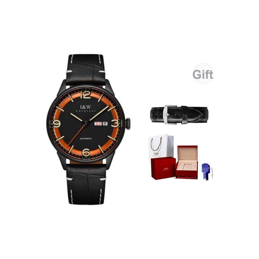 I W CARNIVAL HWGUOJI Автоматический Ручной Механизм Естественная Кожа Ремешок Часы Мужские Черный Циферблат