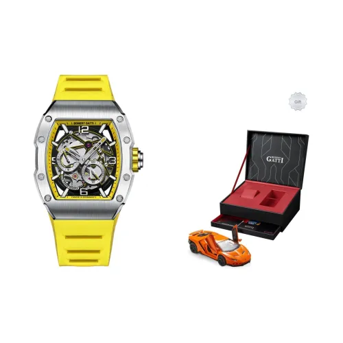 BONEST GATTI Phantom Time Автоматический Механический Механизм Резиновый Ремешок Часы Мужские Желтый Циферблат