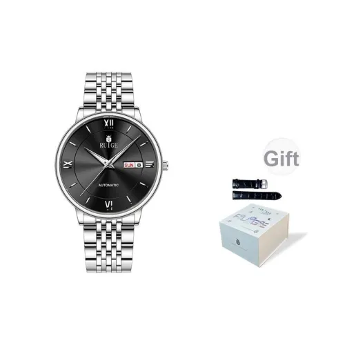 RUIGE Автоматический Механический Механизм Нержавеющая Сталь Ремешок Мужские Часы Черный Циферблат