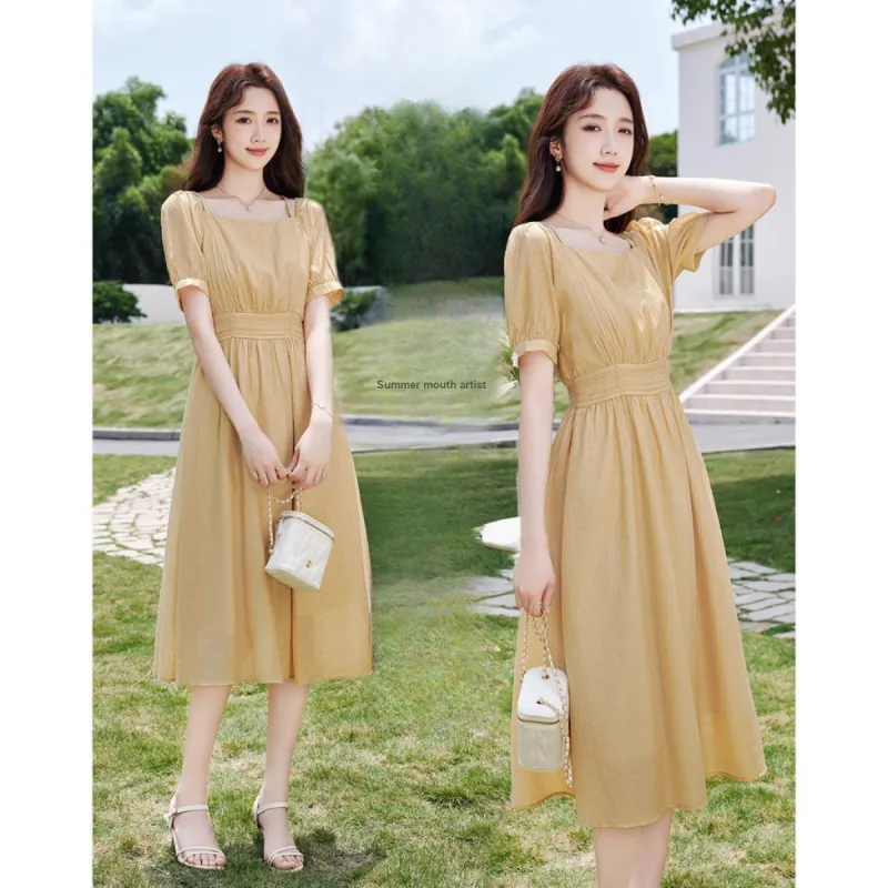 Like The Age Of Water Short Sleeved Dress Women's Yellow-4