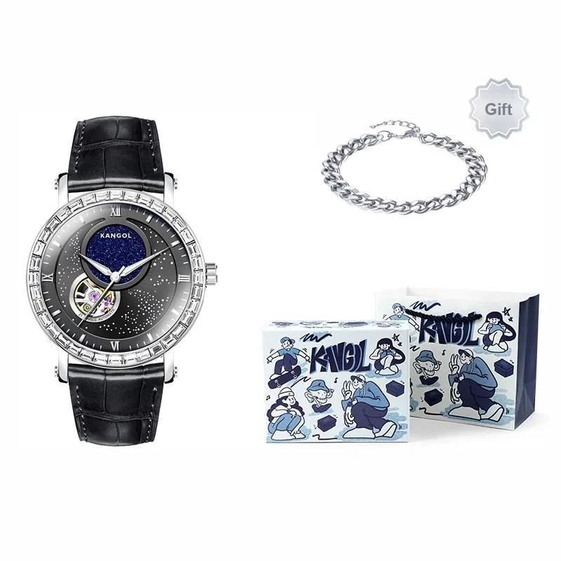KANGOL Sea Of Stars Mechanical Movement Leather Strap Watch Men's Watches Black Dial-8