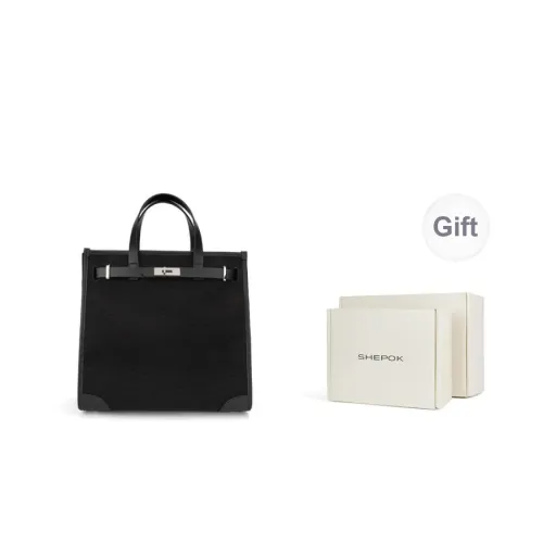 SHEPOK Canvas With Top Grain Cow Leather Canvas Bag Luz Bag Shopping Bag Handbag Regular Women's Black/White