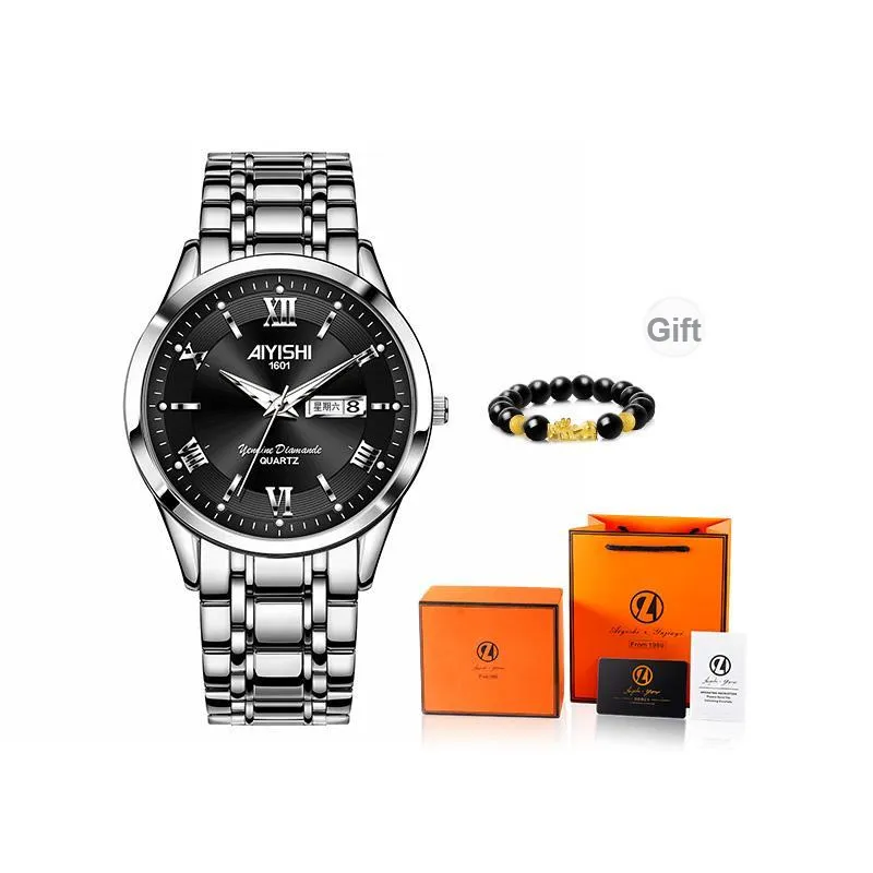 AIYISHI Кварцевый механизм ремешок из нержавеющей стали унисекс черный циферблат