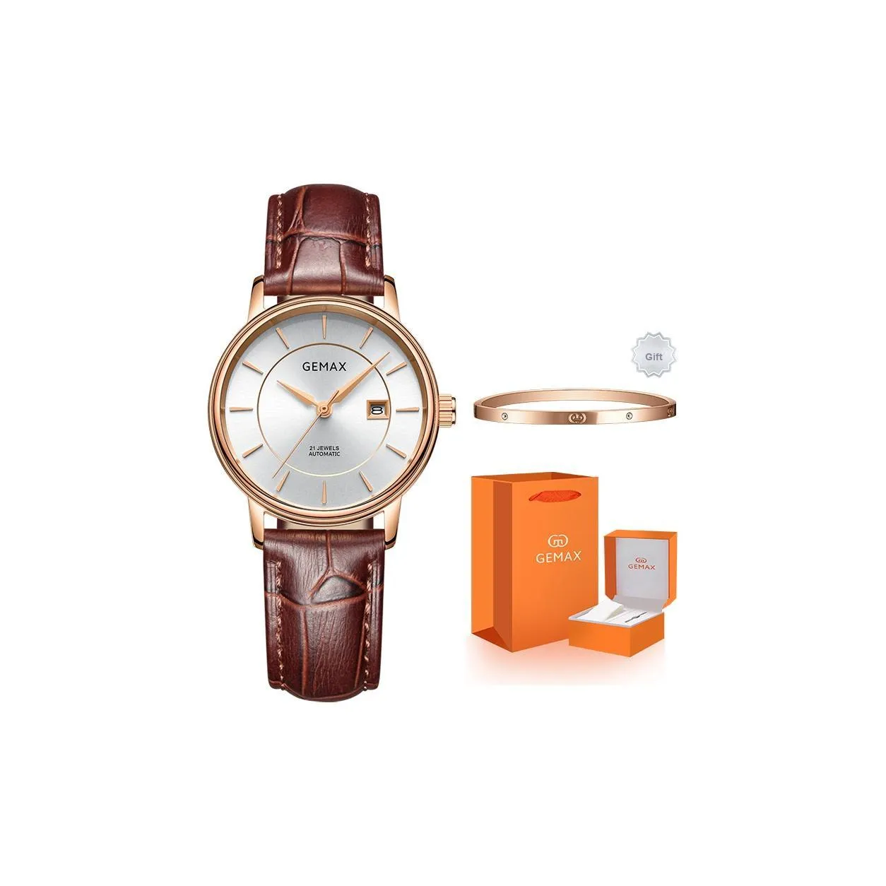 GEMAX Наручные часы Автоматический Механический Механизм Естественная Кожа Ремешок Часы Женские Белый Циферблат