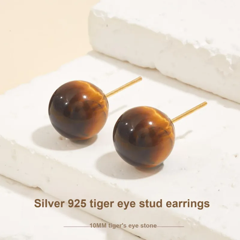 HELA DE HAI Natural Tiger's Eye Stone Stud Earrings Women's-1