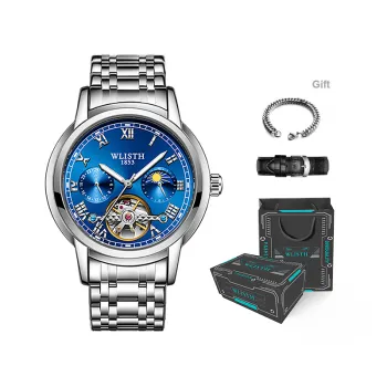 WLISTH Automatic Mechanical Movement Stainless Steel Watchband Men's Watches Black Dial