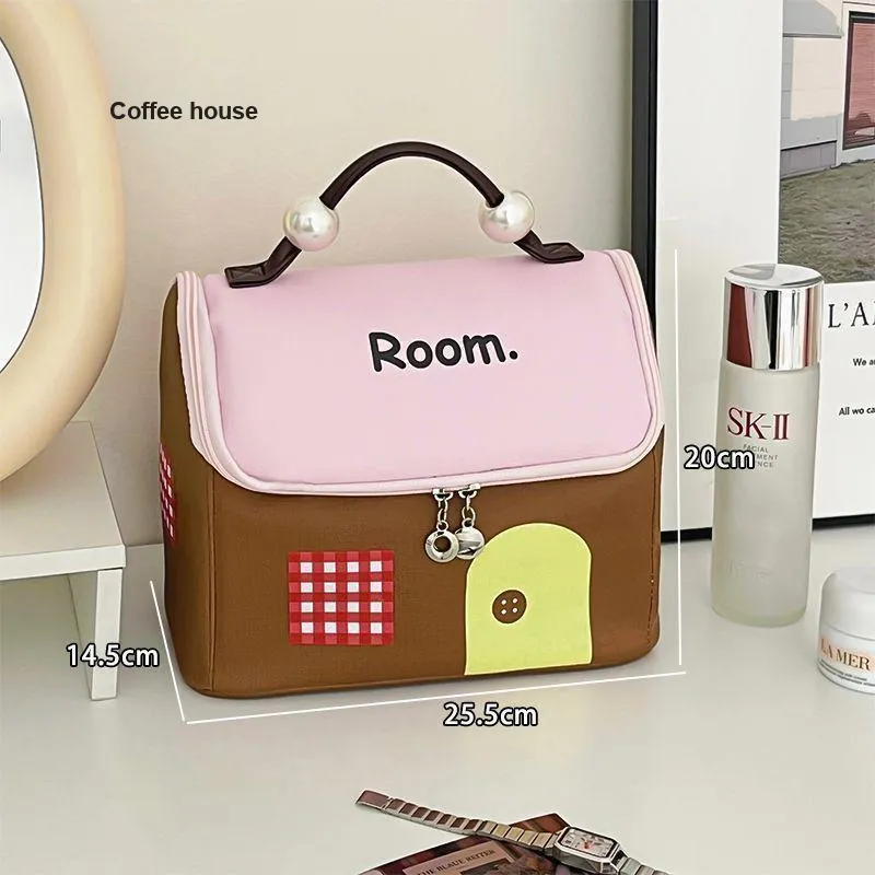 LIANXIANGKE Little House Dopamine Dressing Makeup Bags Large Capacity Partitioned Multi Layer Portable-5
