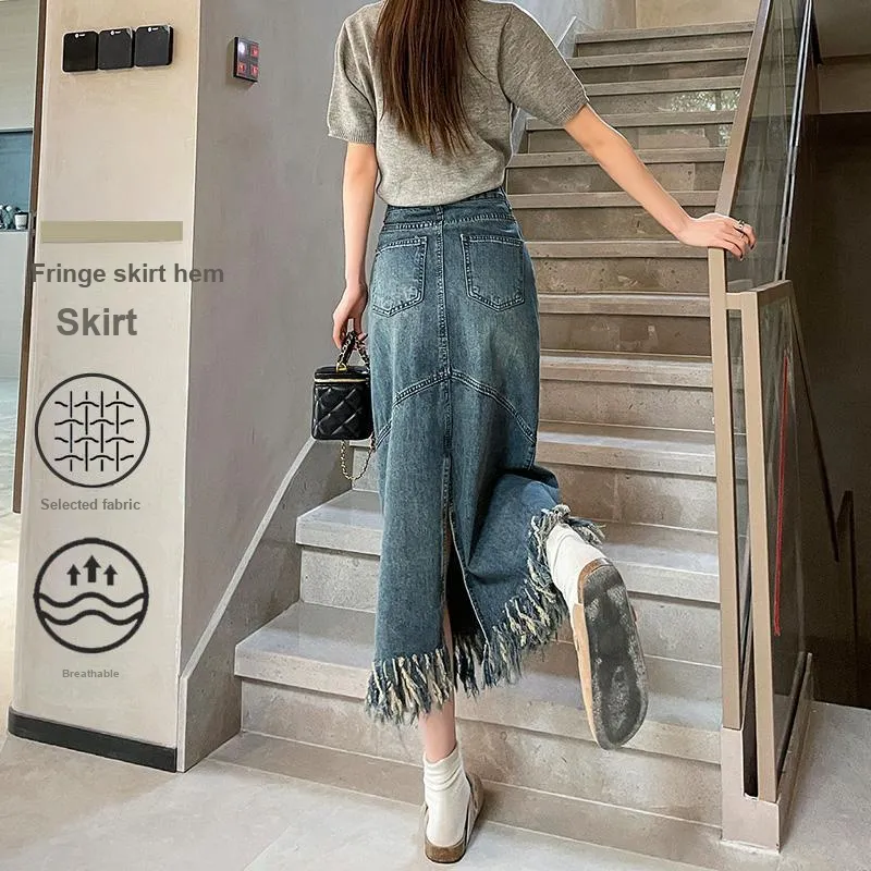FAWENXIANGZI Denim Long Skirt Women's Vintage Blue-2
