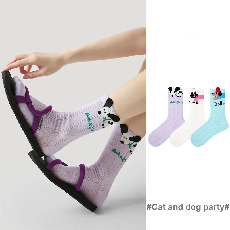 Vine Color Mid Calf Socks Unisex 3 Pack Cat And Dog Party-2