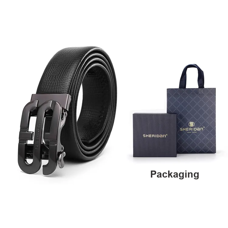 SHERIDan Brand Logo Business Alloy Automatic Buckle Cow Leather Belt Men's Black-4