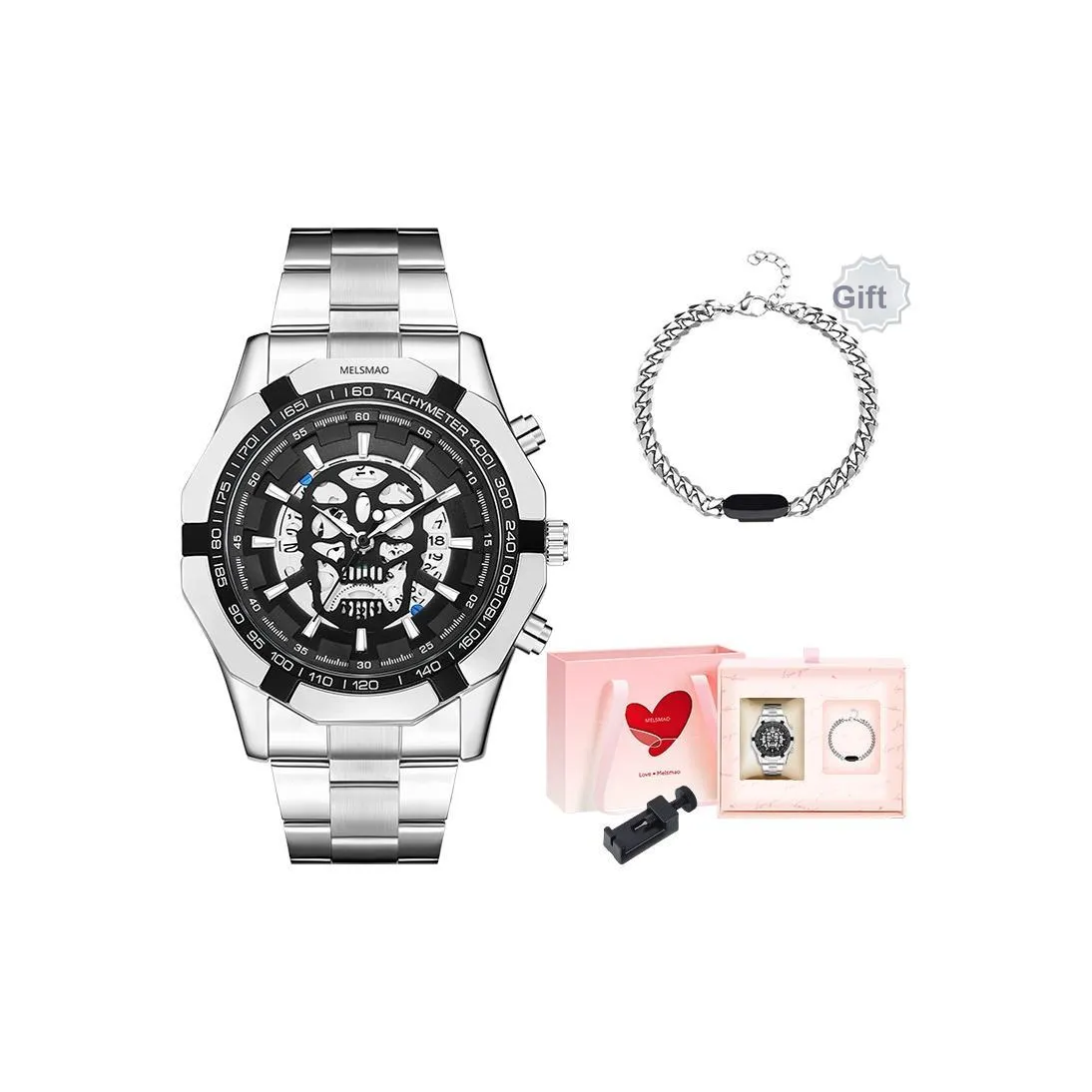 MELSMAO Черепа Наручные часы с узором кварцевый механизм ремешок из нержавеющей стали черный циферблат мужские часы