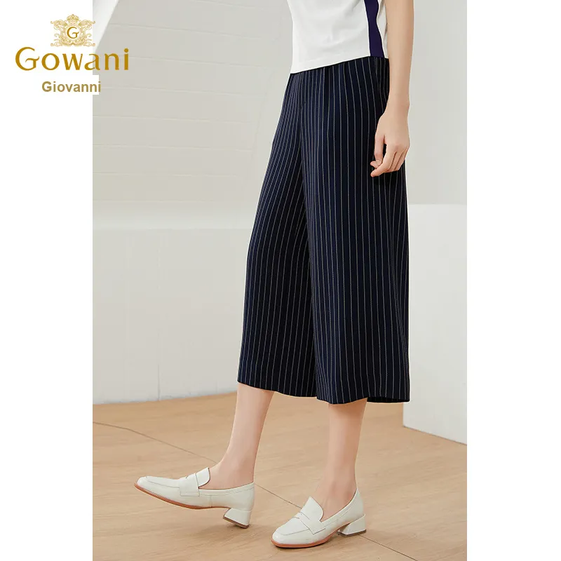 QIAOWANNI Casual Pants Women's Blue And White Stripes Pattern-4