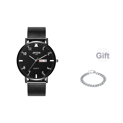 AIYISHI Кварцевый механизм металлический ремешок мужские часы черный циферблат