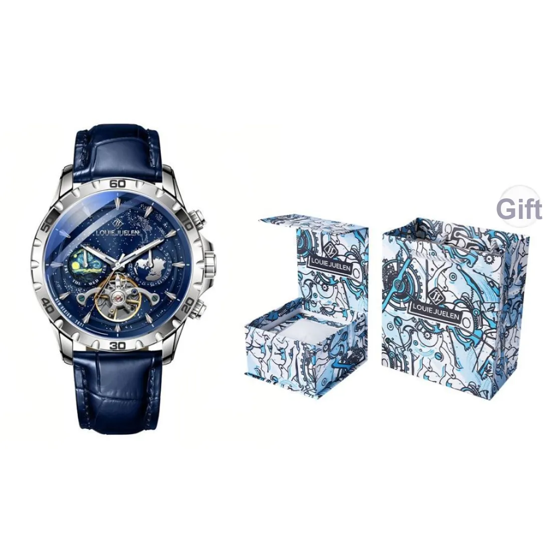 LOUIE JUELEN Mechanical Movement Leather Strap Watch Men's Watches Blue Dial