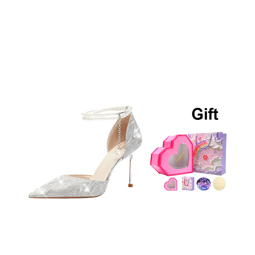 Crelinkxlat Pearl Chain Crystal Shoes For Evening French Slim Heel High Heels Women's Silver