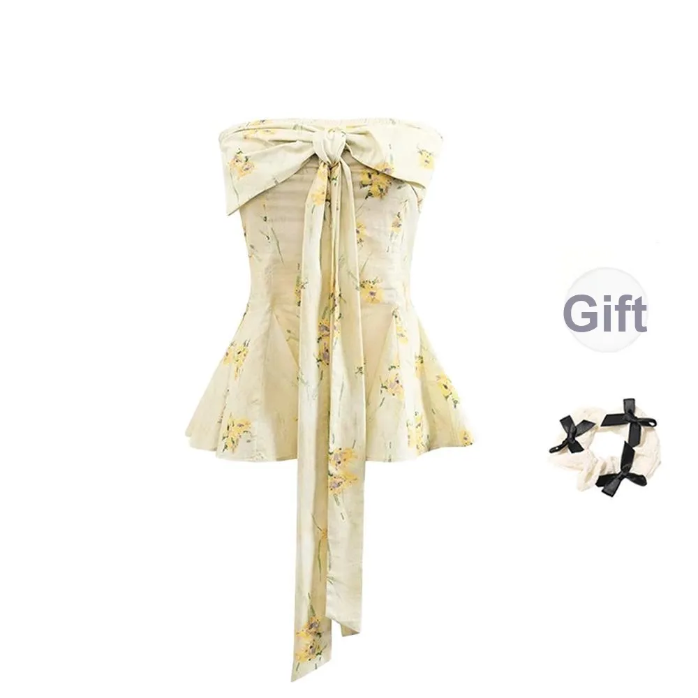 TORIGHT Strapless Tops Women's Yellow+Bowknot Hair Tie Comes With