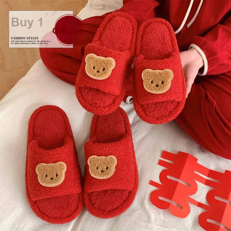 Thin Strips Cotton Slippers Unisex, Red-5