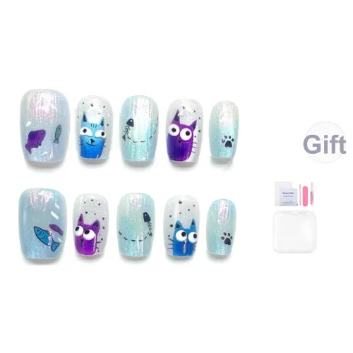 Yun Yue Joe Aurora Кошачий глаз Nail Art Cartoon Cute Синий Прозрачный False Nail Короткий LADDER Короткий Броня 15mm