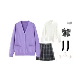 Purple Cardigan+White Long Dress with Cinched Waist+Dark Night Short Skirt, Includes Bow Ties+Calf Socks+Hanger