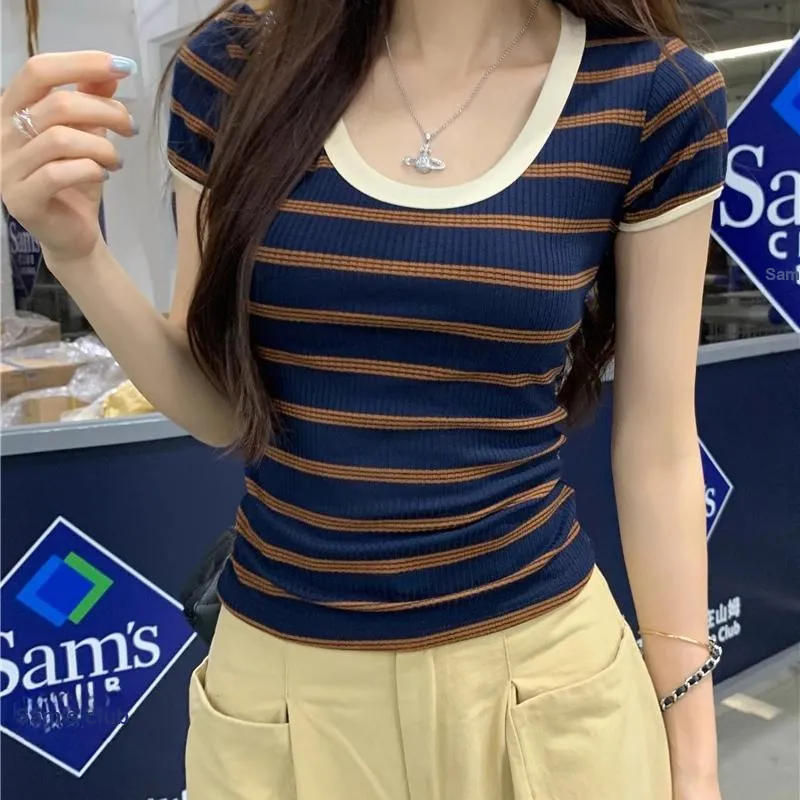 XUOIZA T Shirts Women's Dark Blue Stripe+Ribbon Scrunchi Buy And Give-3