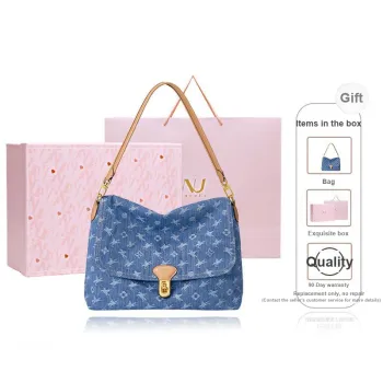 NUCELLE Fabric Denim Bag Shoulder Bag Crossbody Bag Medium Size Women's Tannin Blue/Twilight Black