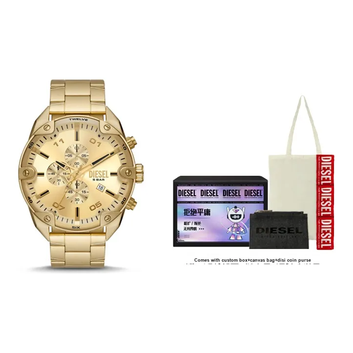 DIESEL Мужские часы Кварцевый механизм Ремешок из нержавеющей стали Золотой циферблат