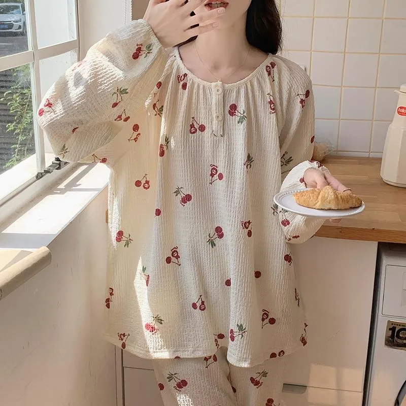 GRACEWELL Pajama Set Women's Champagne Cherry Floral-5