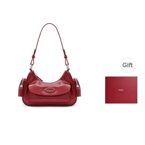 MUVA Cowhide Split Leather Crescent Bag Shoulder Bag Medium Size Women's Twilight Black/Lunar Rock Silver/Party Red