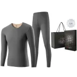 Men's Clothing Sets (Downpour Gray) with Fleece Lining/Seamless Round Neck/Mulberry Silk Skin-Friendly