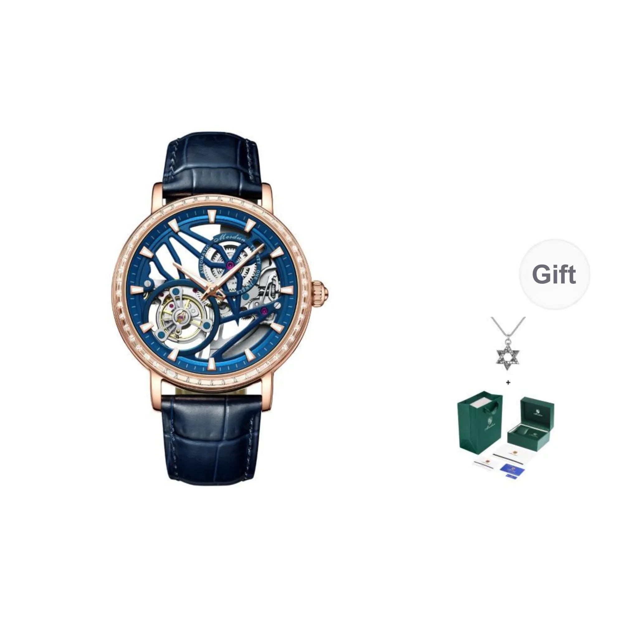 MESDUN Mechanical Movement Genuine Leather Strap Watch Men's Watches Silver Dial