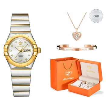 Jin Shi Dun Radiant Diamond Box Mechanical Movement Stainless Steel Watchband Watch Women's Watch White Dial