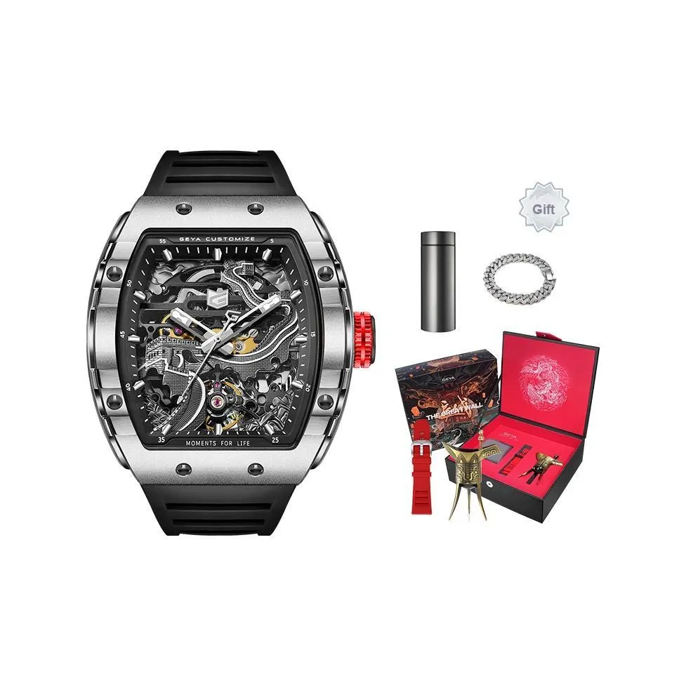 GEYA Cut Out Transparent Caseback Automatic Mechanical Movement Silicone Strap Watch Men's Watches Cut Out Dial