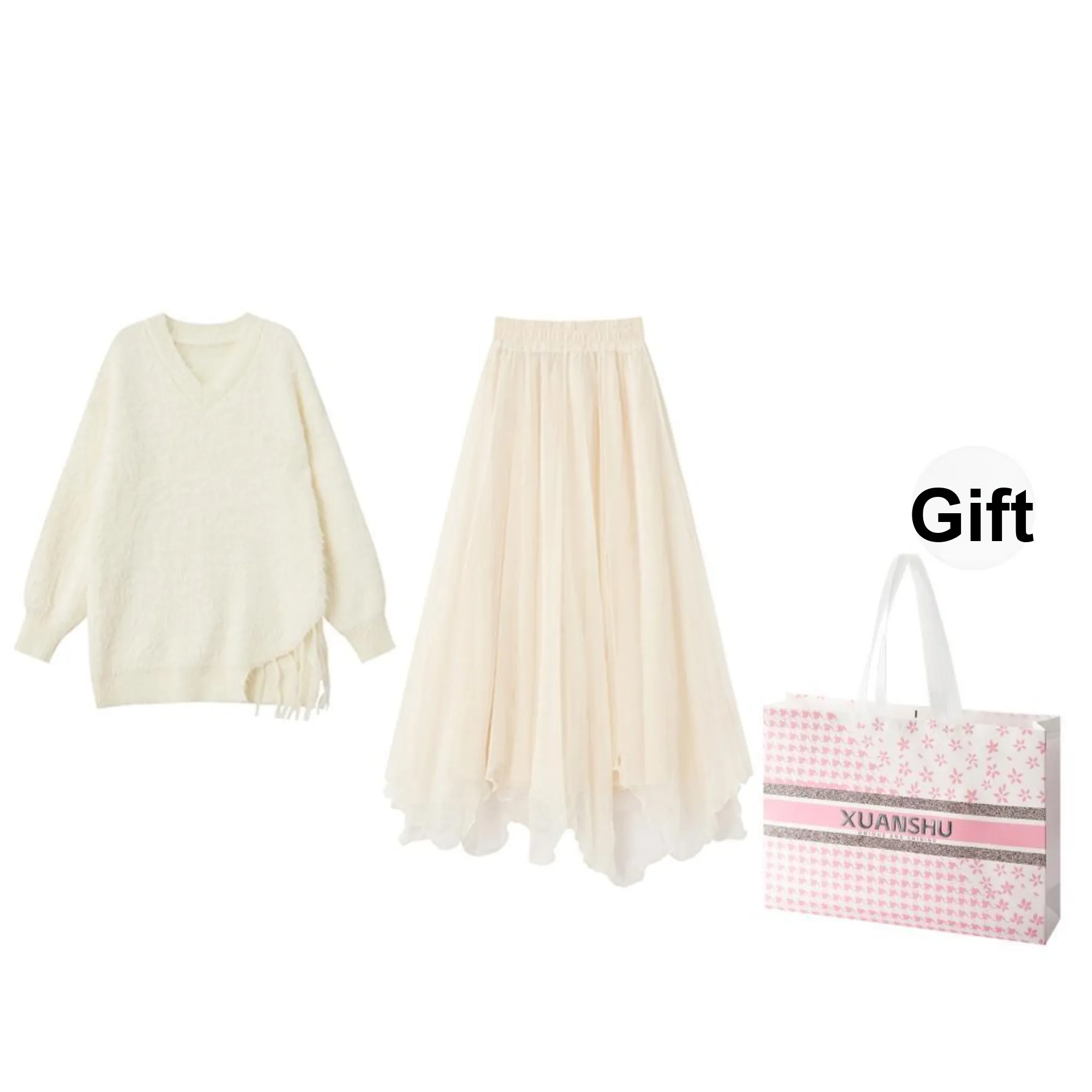 XUANSHU Skirt Set Women's Apricot