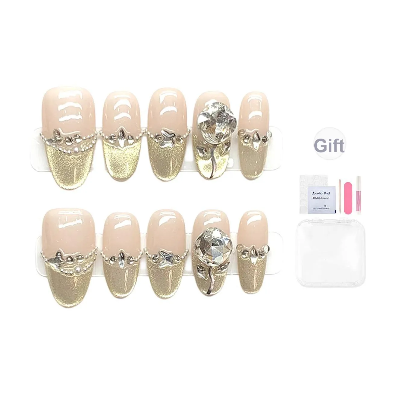 YUESHIQI Ручной Телесный Элегантность Стекло Кошачий глаз False Nail Миндаль Шампанское золото Градиентный Flashing