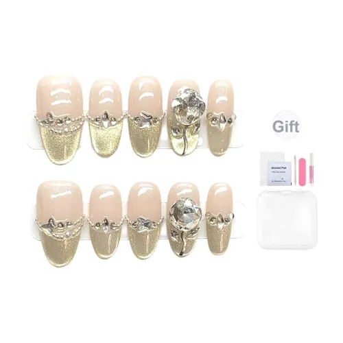 YUESHIQI Ручной Телесный Элегантность Стекло Кошачий глаз False Nail Миндаль Шампанское золото Градиентный Flashing